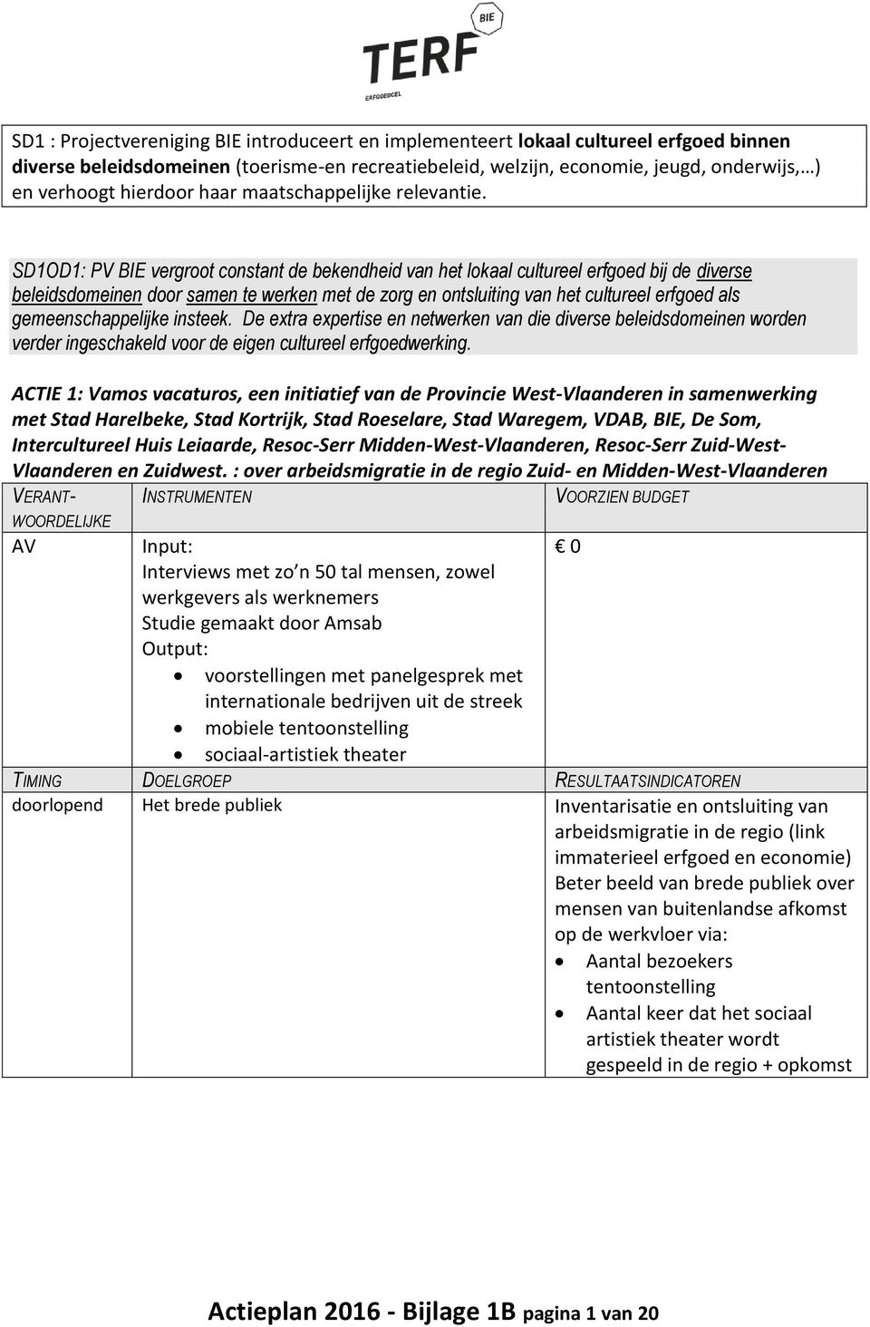 SD1OD1: PV BIE vergroot constant de bekendheid van het lokaal cultureel erfgoed bij de diverse beleidsdomeinen door samen te werken met de zorg en ontsluiting van het cultureel erfgoed als