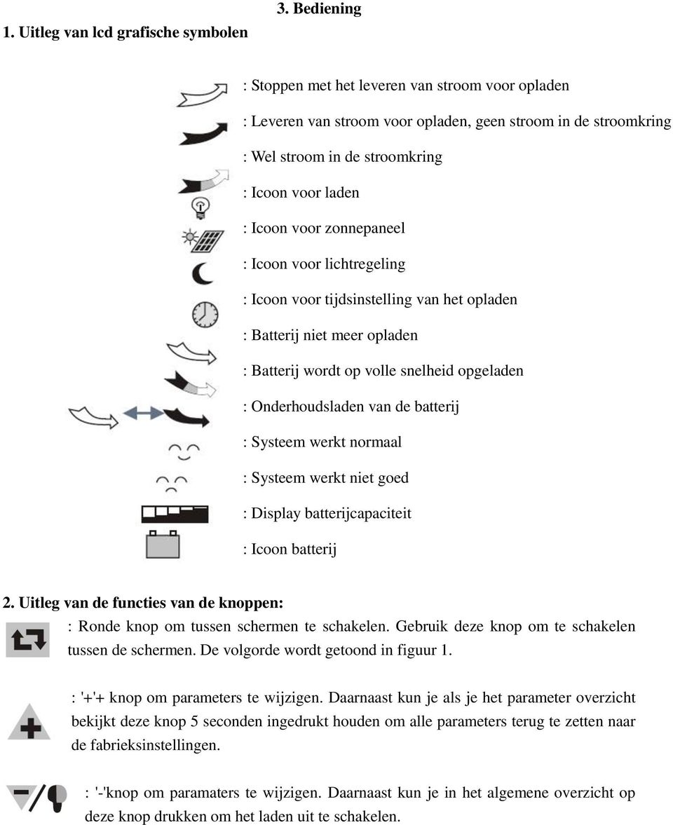 : Icoon voor lichtregeling : Icoon voor tijdsinstelling van het opladen : Batterij niet meer opladen : Batterij wordt op volle snelheid opgeladen : Onderhoudsladen van de batterij : Systeem werkt