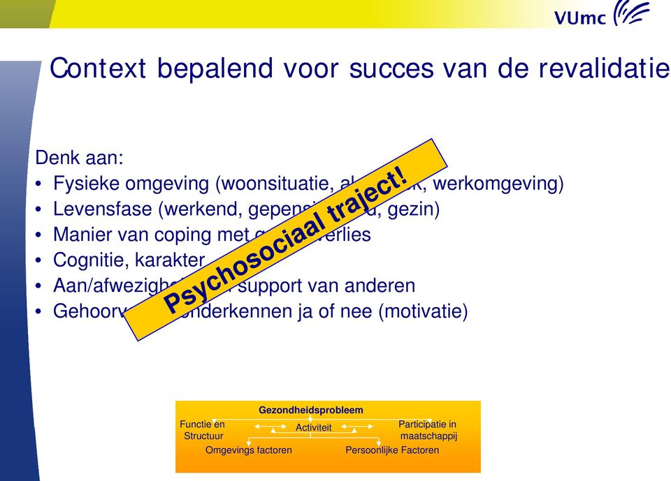 Aan/afwezigheid van support van anderen Gehoorverlies onderkennen ja of nee (motivatie) Psychosociaal traject!