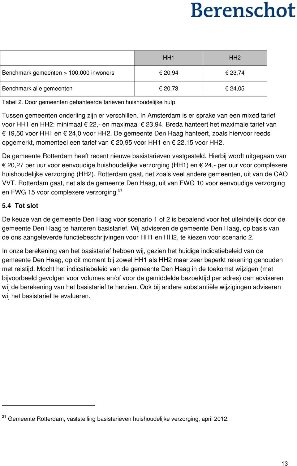 Breda hanteert het maximale tarief van 19,50 voor HH1 en 24,0 voor HH2. De gemeente Den Haag hanteert, zoals hiervoor reeds opgemerkt, momenteel een tarief van 20,95 voor HH1 en 22,15 voor HH2.