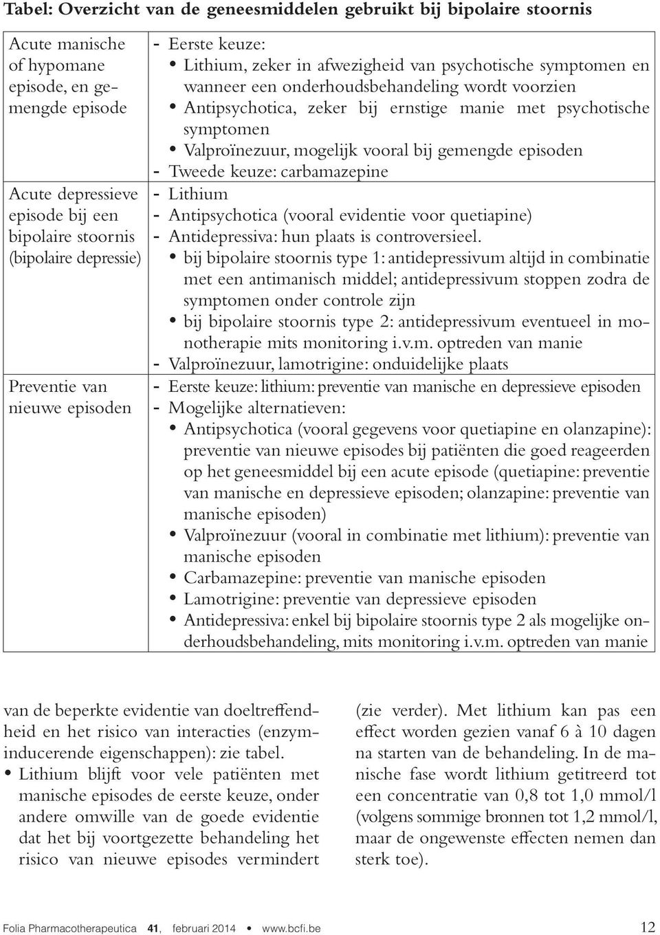 ernstige manie met psychotische symptomen Valproïnezuur, mogelijk vooral bij gemengde episoden - Tweede keuze: carbamazepine - Lithium - Antipsychotica (vooral evidentie voor quetiapine) -