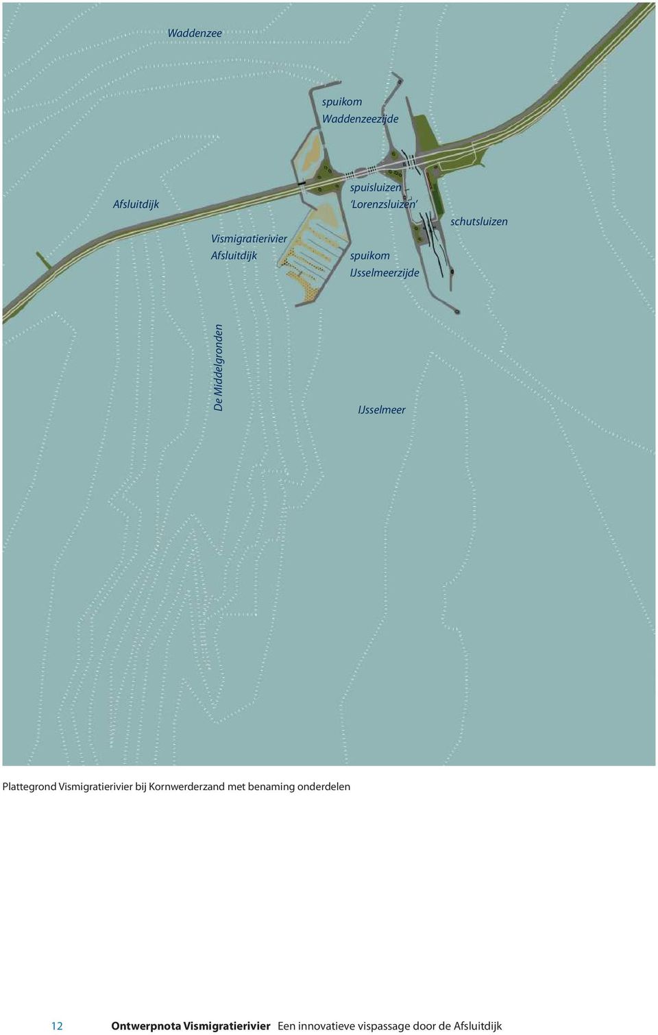 IJsselmeer Plattegrond Vismigratierivier bij Kornwerderzand met benaming