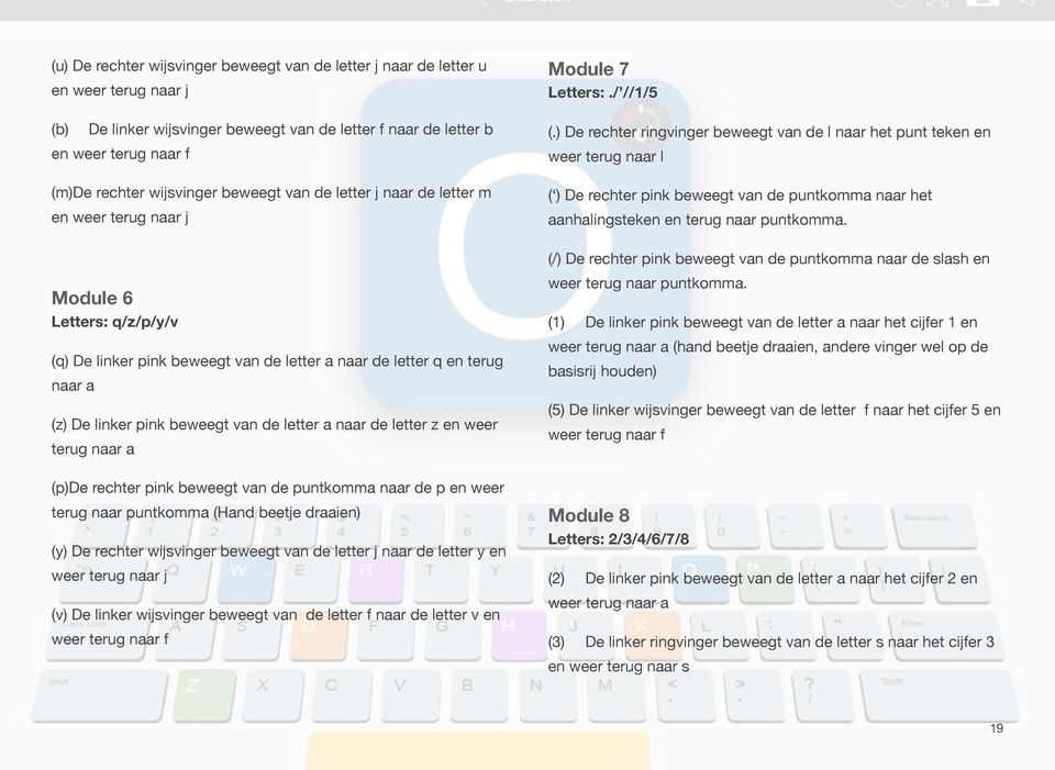 letter a naar de letter z en weer terug naar a (p)de rechter pink beweegt van de puntkomma naar de p en weer terug naar puntkomma (Hand beetje draaien) (y) De rechter wijsvinger beweegt van de letter