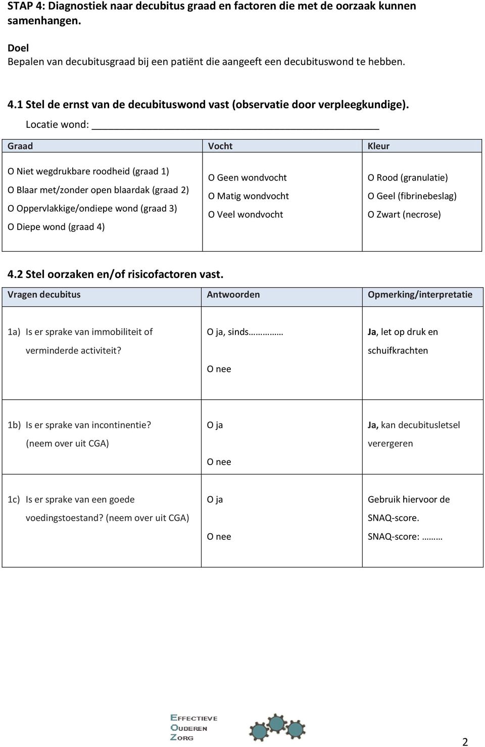 wondvocht O Veel wondvocht O Rood (granulatie) O Geel (fibrinebeslag) O Zwart (necrose) 4.2 Stel oorzaken en/of risicofactoren vast. 1a) Is er sprake van immobiliteit of verminderde activiteit?