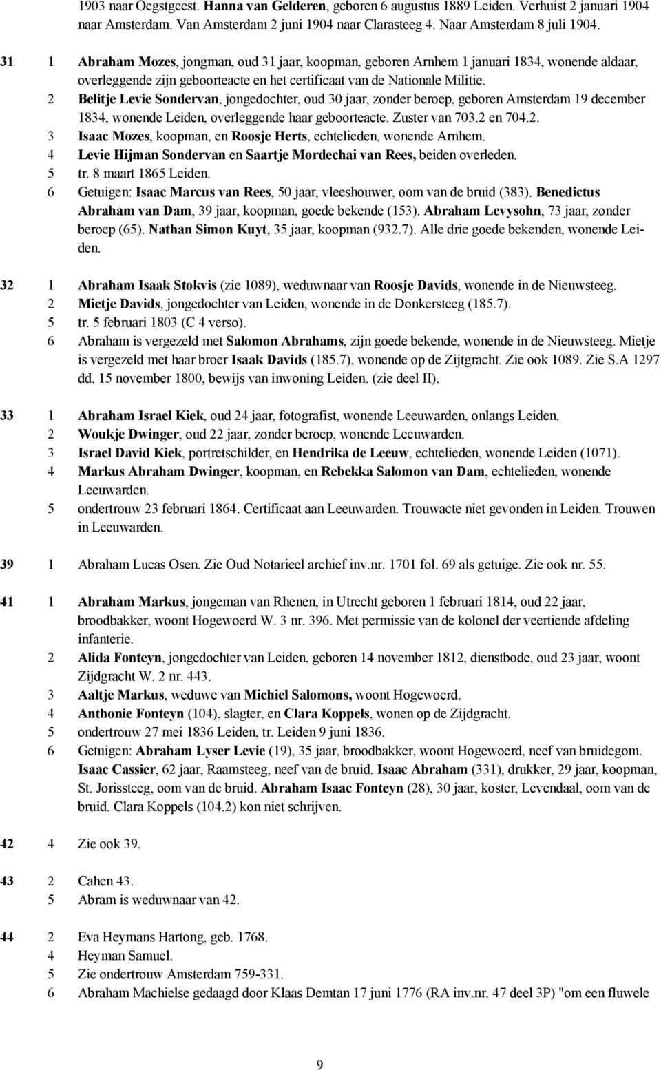 2 Belitje Levie Sondervan, jongedochter, oud 30 jaar, zonder beroep, geboren Amsterdam 19 december 1834, wonende Leiden, overleggende haar geboorteacte. Zuster van 703.2 en 704.2. 3 Isaac Mozes, koopman, en Roosje Herts, echtelieden, wonende Arnhem.