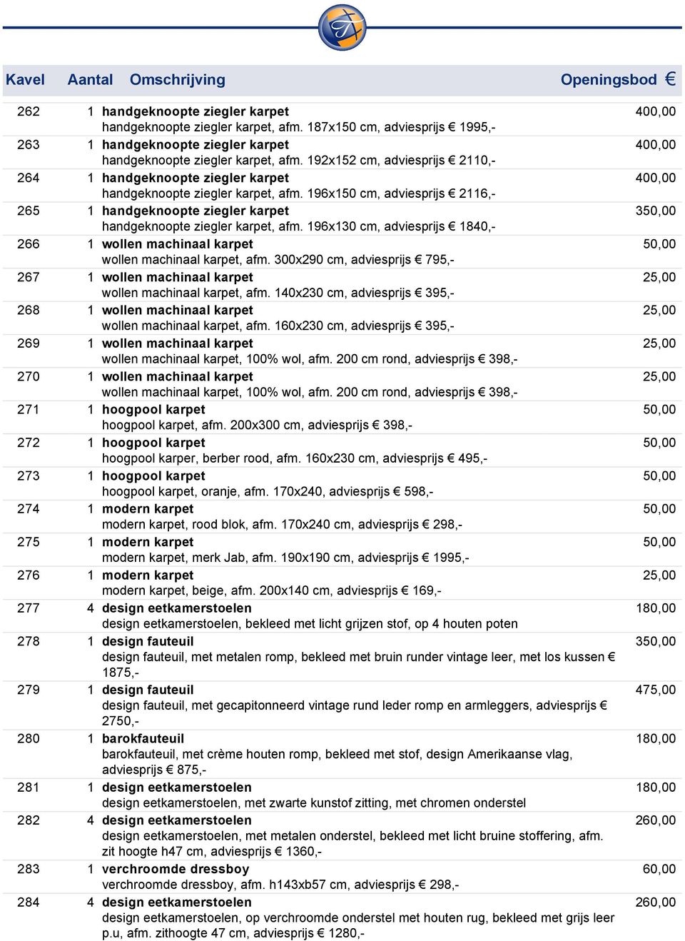 196x130 cm, adviesprijs 1840, 266 1 wollen machinaal karpet wollen machinaal karpet, afm. 300x290 cm, adviesprijs 795, 267 1 wollen machinaal karpet wollen machinaal karpet, afm.