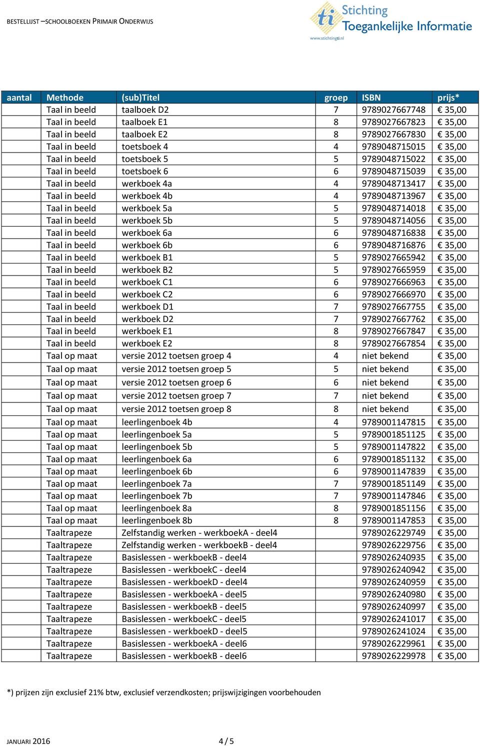 werkboek 5a 5 9789048714018 35,00 Taal in beeld werkboek 5b 5 9789048714056 35,00 Taal in beeld werkboek 6a 6 9789048716838 35,00 Taal in beeld werkboek 6b 6 9789048716876 35,00 Taal in beeld