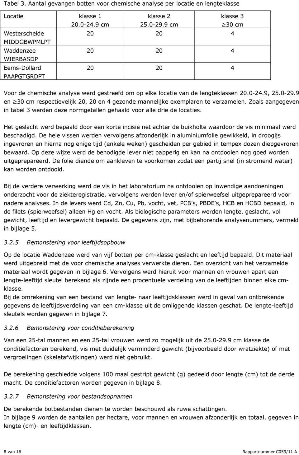 0-24.9, 25.0-29.9 en 30 cm respectievelijk 20, 20 en 4 gezonde mannelijke exemplaren te verzamelen. Zoals aangegeven in tabel 3 werden deze normgetallen gehaald voor alle drie de locaties.