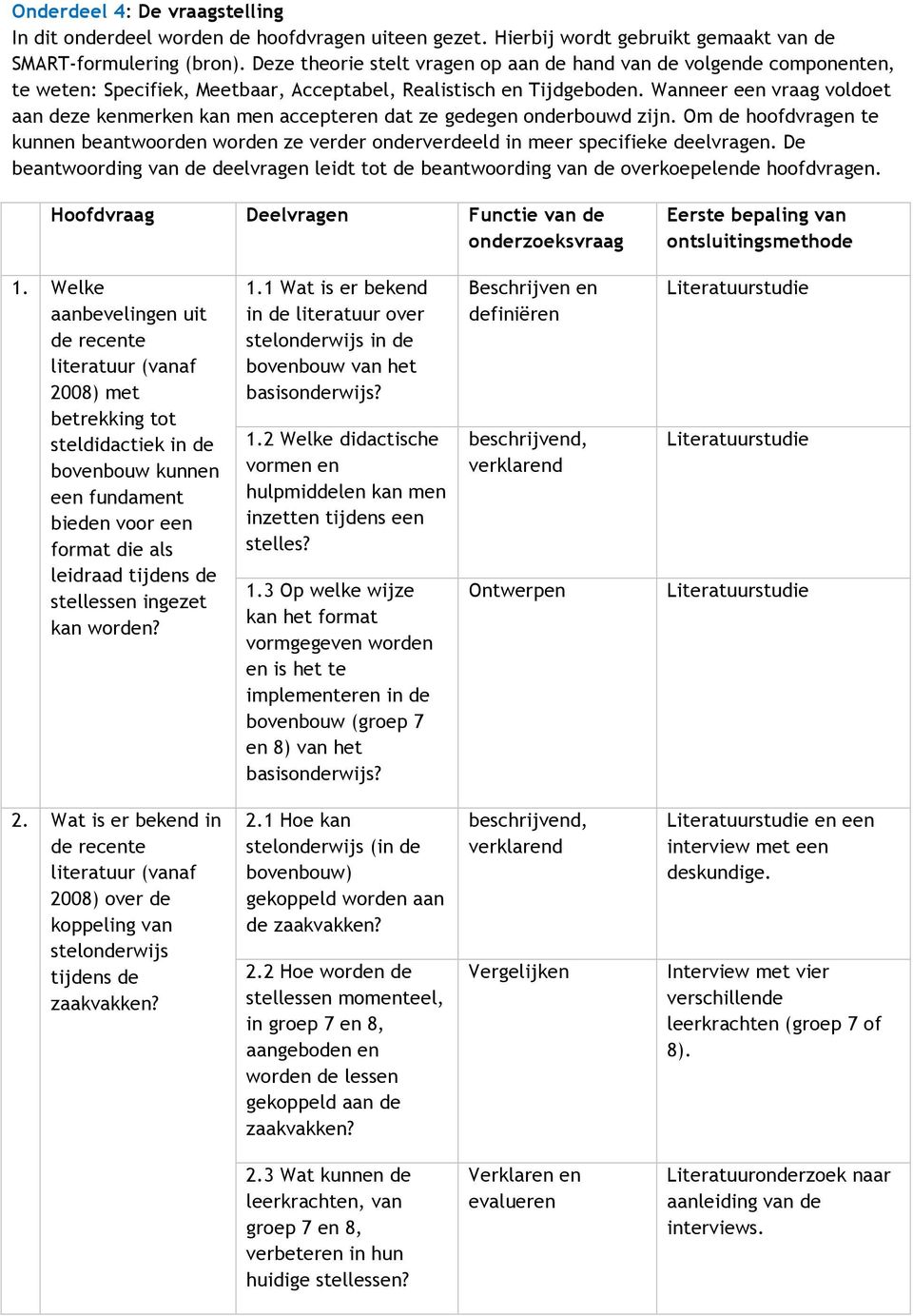 Wanneer een vraag voldoet aan deze kenmerken kan men accepteren dat ze gedegen onderbouwd zijn. Om de hoofdvragen te kunnen beantwoorden worden ze verder onderverdeeld in meer specifieke deelvragen.