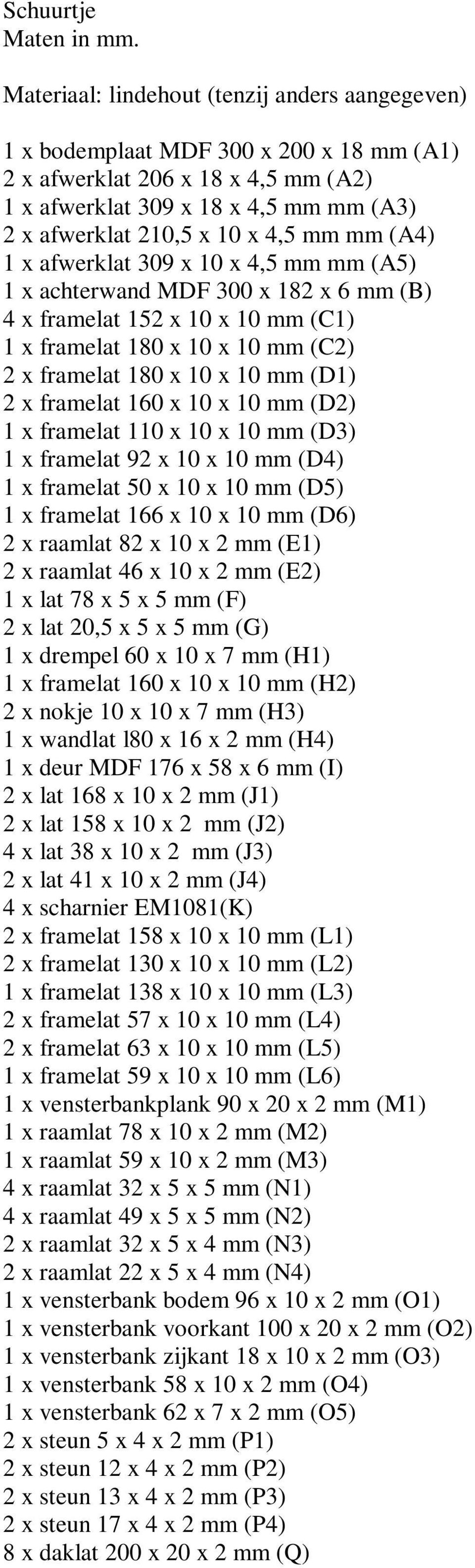 mm () 1 x afwerklat 309 x 10 x 4,5 mm mm (A5) 1 x achterwand MDF 300 x 182 x 6 mm (B) 4 x framelat 152 x 10 x 10 mm (C1) 1 x framelat 180 x 10 x 10 mm (C2) 2 x framelat 180 x 10 x 10 mm (D1) 2 x