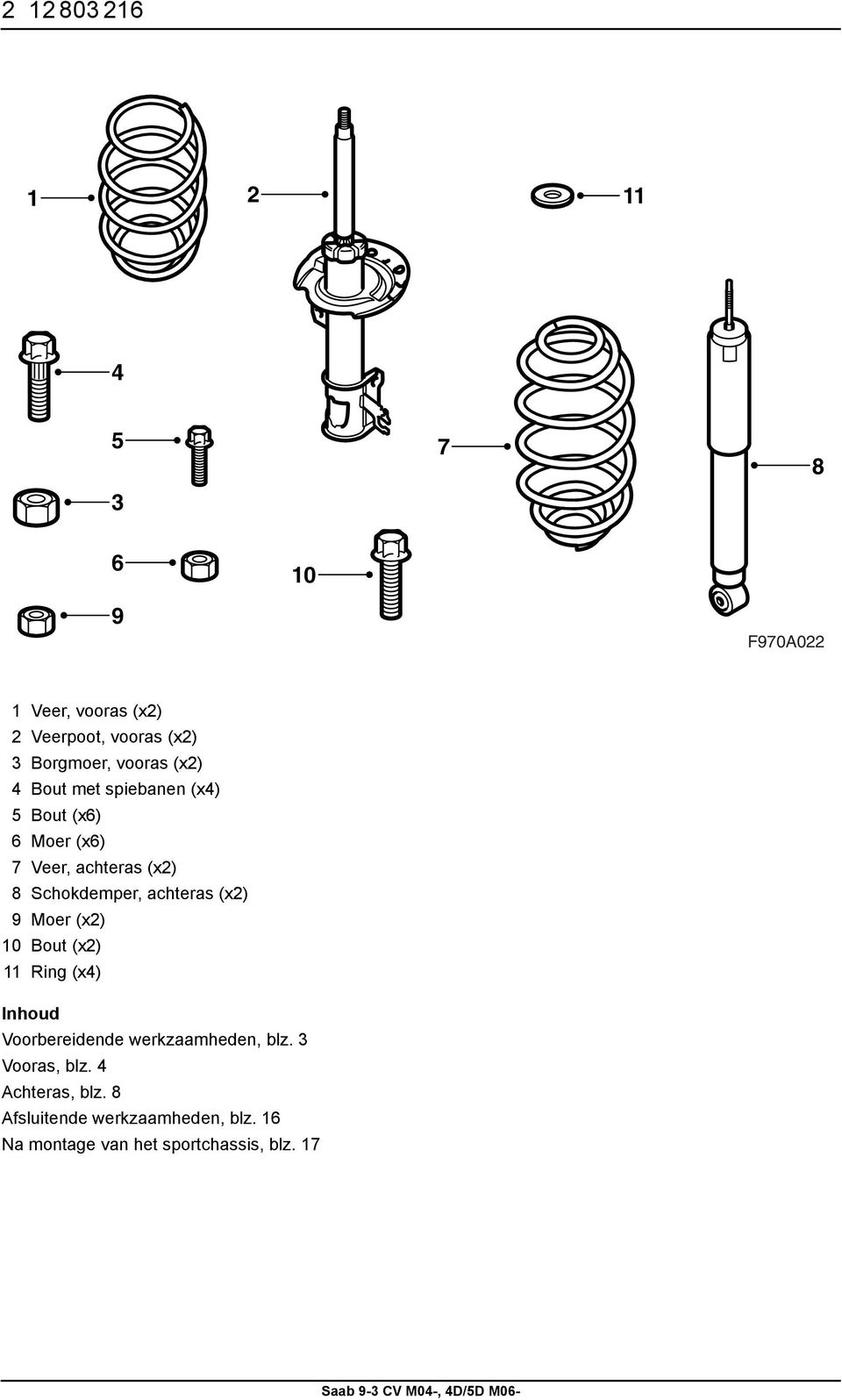 Schokdemper, achteras (x2) 9 Moer (x2) 0 Bout (x2) Ring (x4) Inhoud Voorbereidende