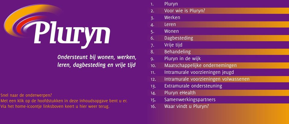 Dagbesteding 7. Vrije tijd 8. Behandeling 9. Pluryn in de wijk 10. Maatschappelijke ondernemingen 11.