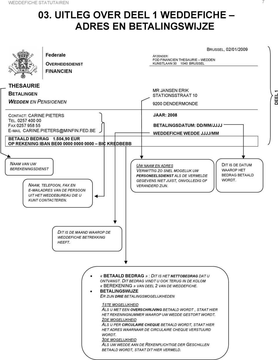WEDDEN EN PENSIOENEN CONTACT: CARINE PIETERS TEL. 0257 400 00 FAX 0257 958 55 E-MAIL CARINE.PIETERS@MINFIN.FED.BE BETAALD BEDRAG 1.