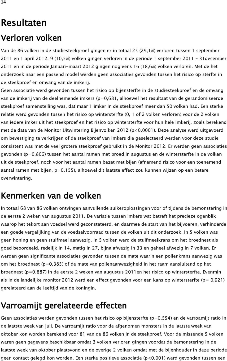 Met de het onderzoek naar een passend model werden geen associaties gevonden tussen het risico op sterfte in de steekproef en omvang van de imkerij.