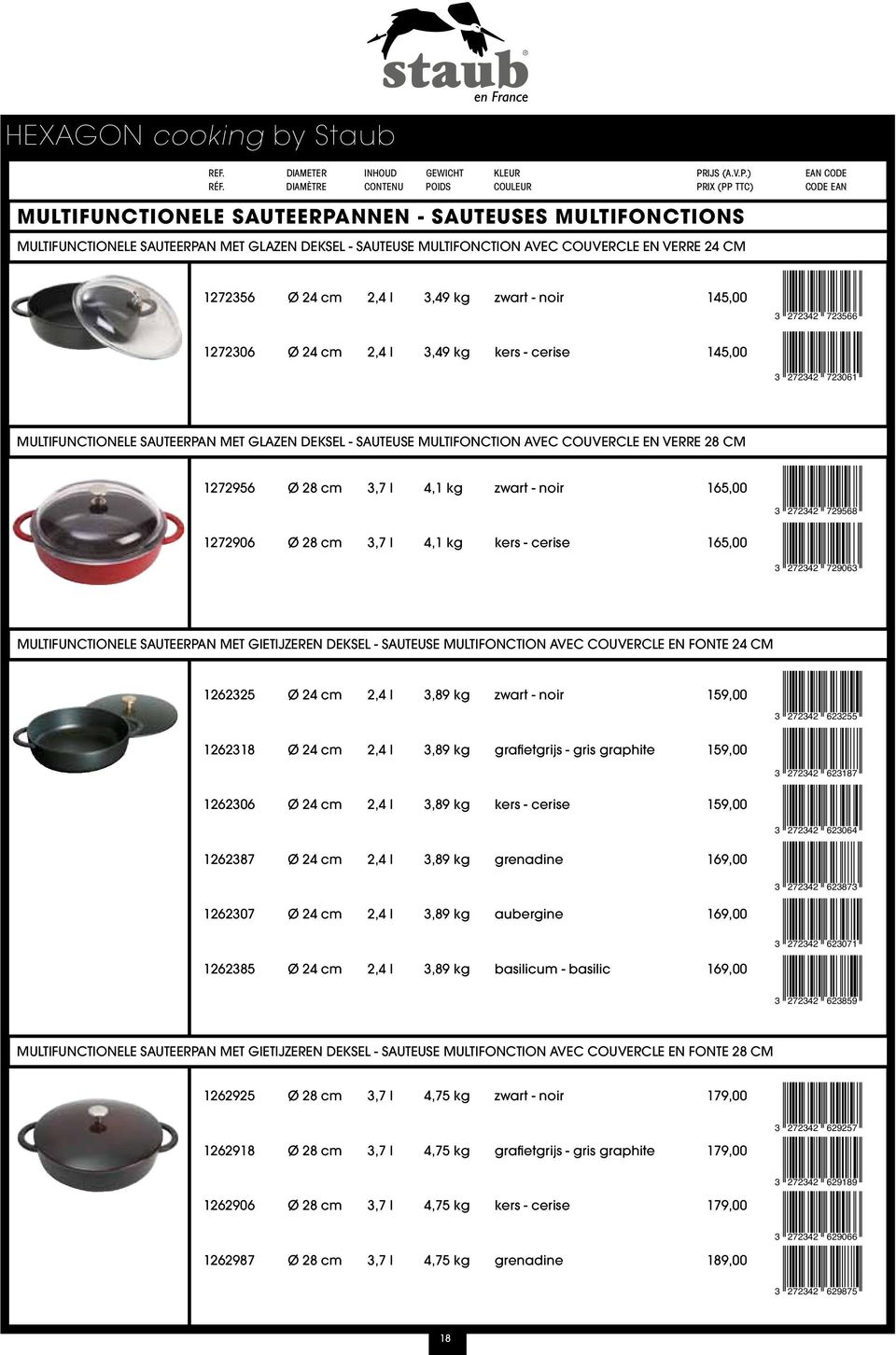 165,00 3 272342 729568 1272906 3,7 l 4,1 kg 165,00 3 272342 729063 Multifunctionele sauteerpan met gietijzeren deksel - sauteuse multifonction avec couvercle en fonte 24 cm 1262325 2,4 l 3,89 kg