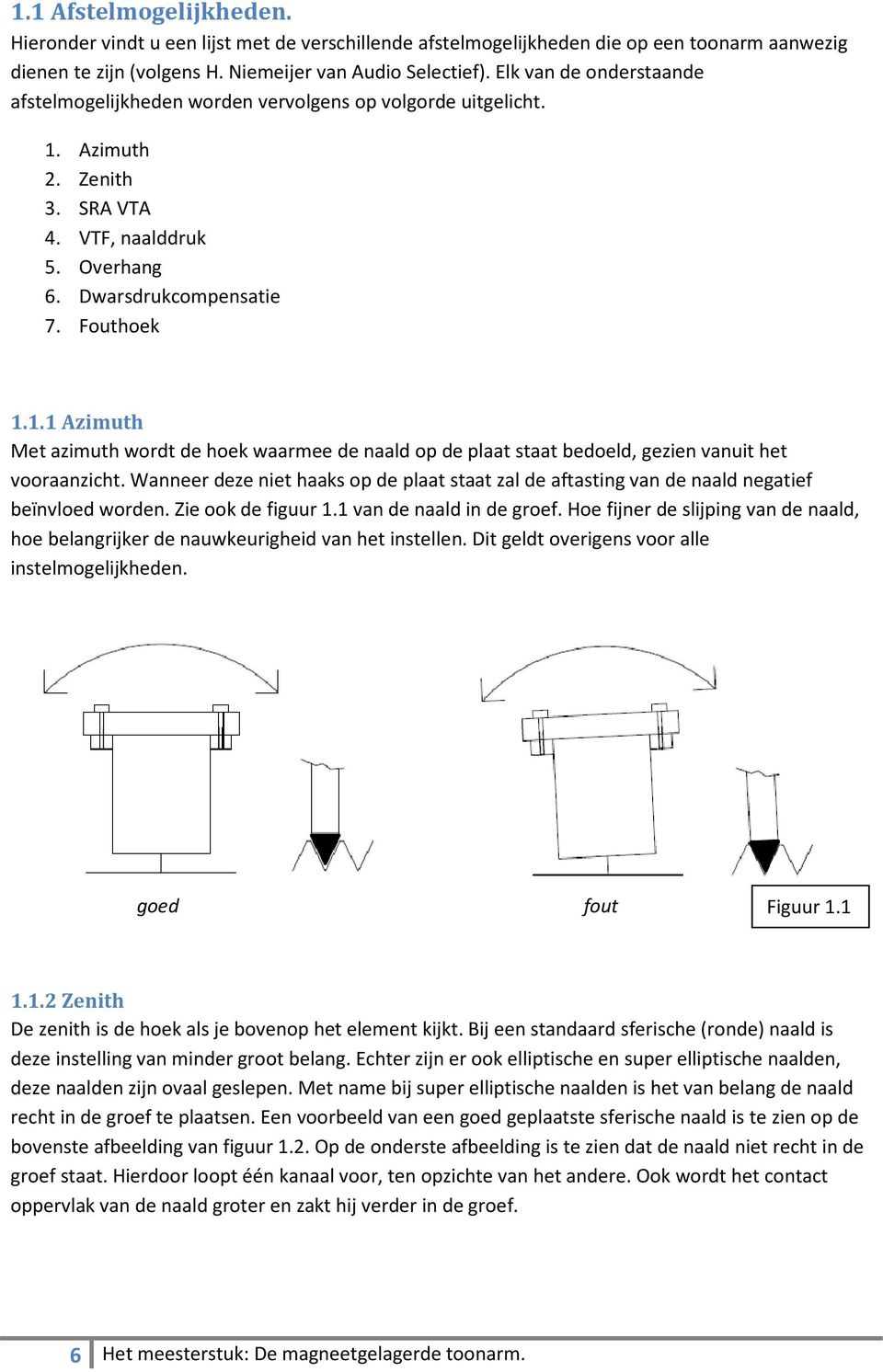 Wanneer deze niet haaks op de plaat staat zal de aftasting van de naald negatief beïnvloed worden. Zie ook de figuur 1.1 van de naald in de groef.