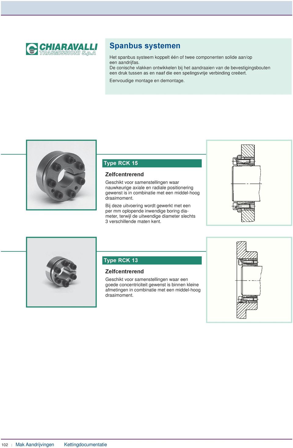 Type RCK 1 Zelfcentrerend Geschikt voor samenstellingen waar nauwkeurige axiale en radiale positionering gewenst is in combinatie met een middel-hoog draaimoment.