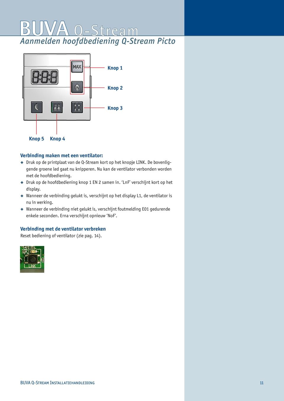 LnF verschijnt kort o het dislay. Wanneer de verbinding gelukt is, verschijnt o het dislay L1, de ventilator is nu in werking.