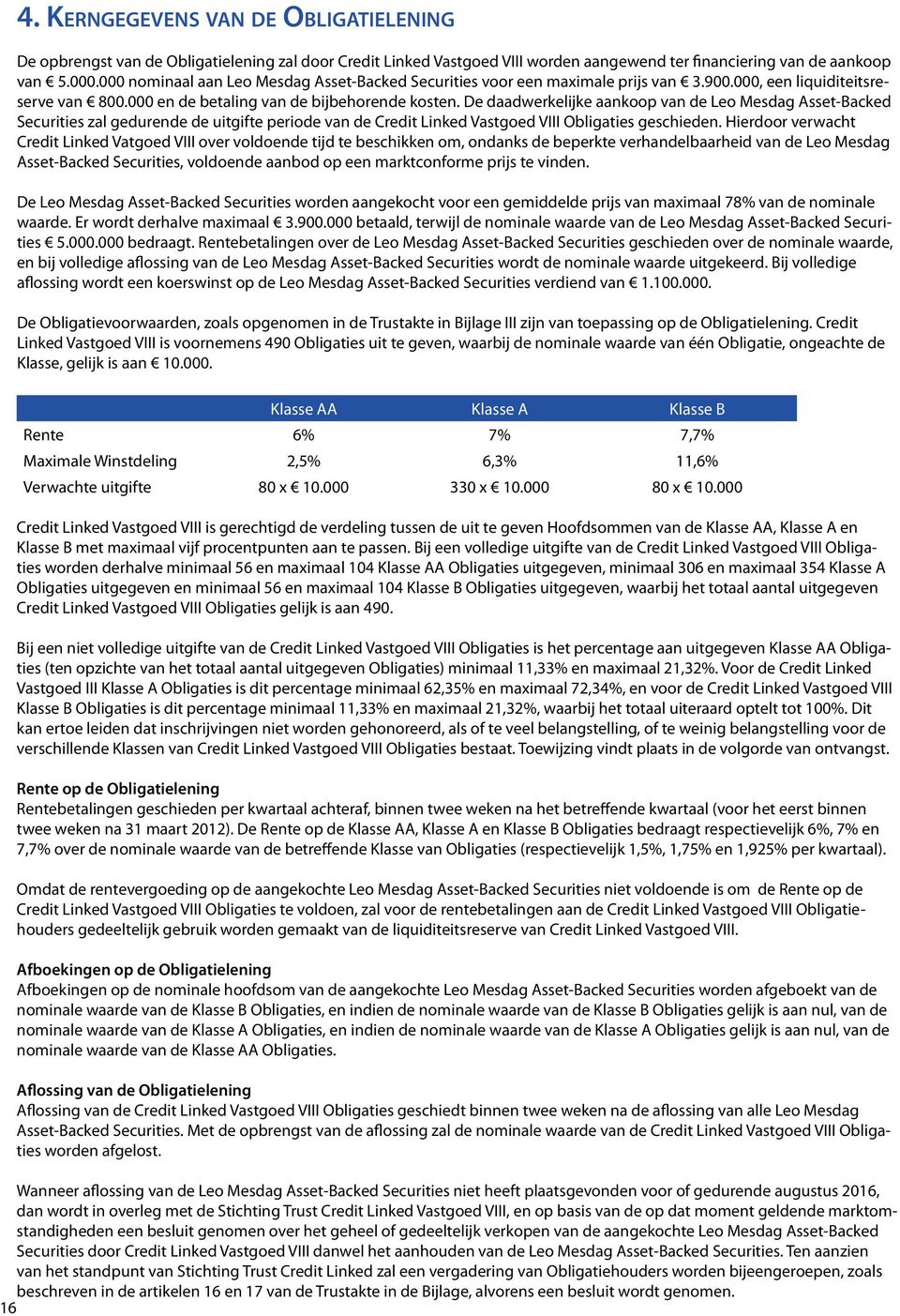 De daadwerkelijke aankoop van de Leo Mesdag Asset-Backed Securities zal gedurende de uitgifte periode van de Credit Linked Vastgoed VIII Obligaties geschieden.