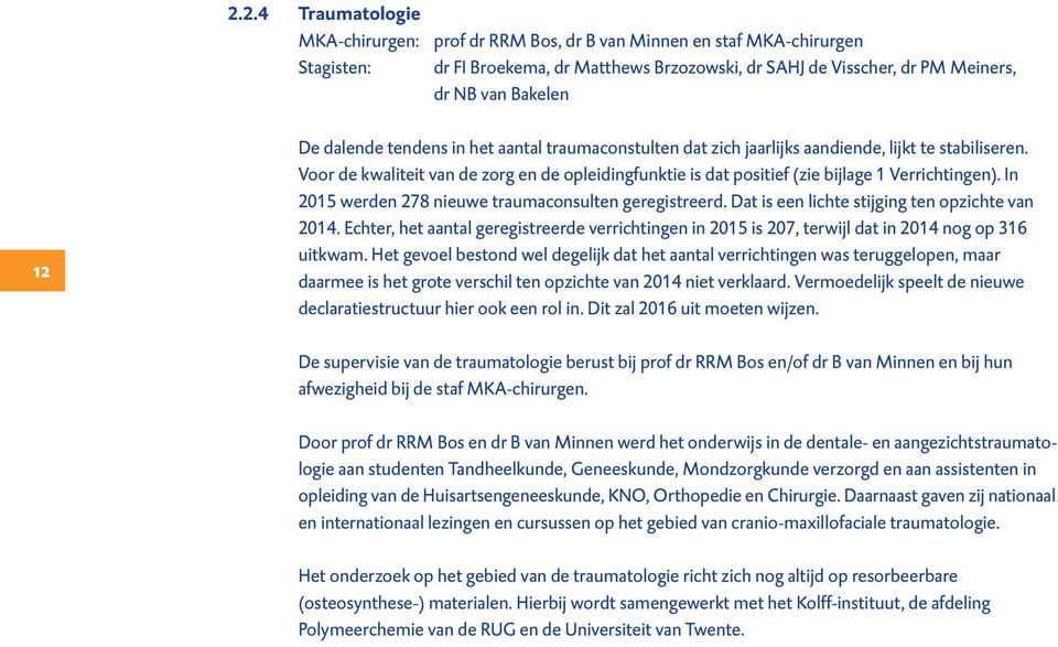 Voor de kwaliteit van de zorg en de opleidingfunktie is dat positief (zie bijlage 1 Verrichtingen). In 2015 werden 278 nieuwe traumaconsulten geregistreerd.