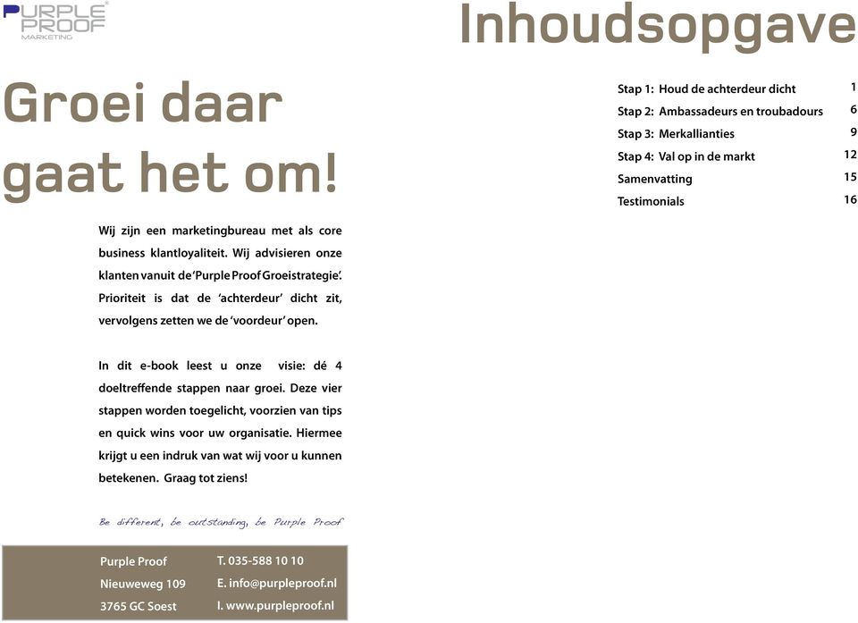 Stap 1: Houd de achterdeur dicht Stap 2: Ambassadeurs en troubadours Stap 3: Merkallianties Stap 4: Val op in de markt Samenvatting Testimonials 1 6 9 12 15 16 In dit e-book leest u onze visie: dé 4