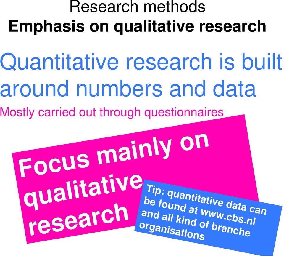 through questionnaires Focus mainly on qualitative Tip: