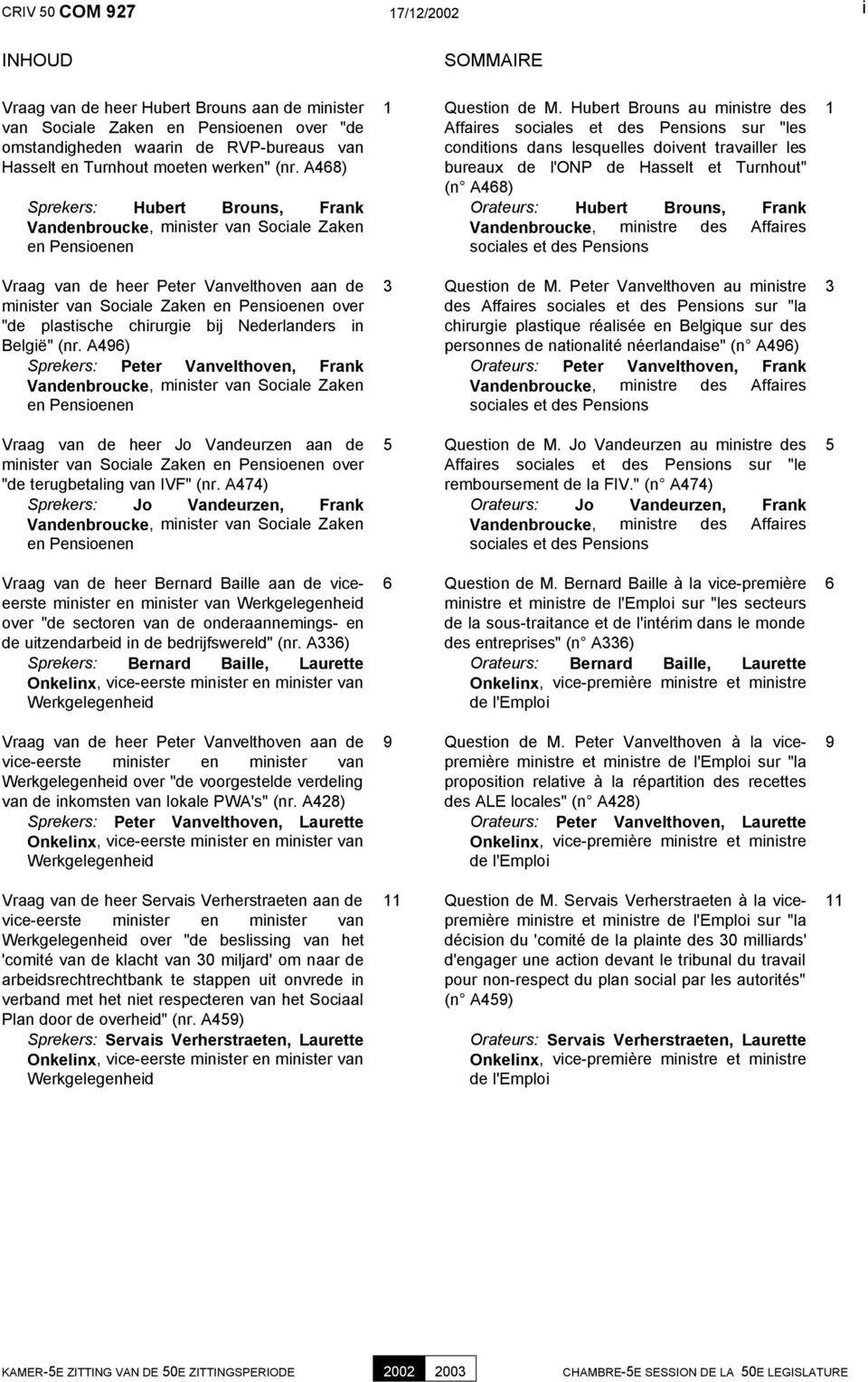 A468) Sprekers: Hubert Brouns, Frank Vandenbroucke, minister van Sociale Zaken en Pensioenen Vraag van de heer Peter Vanvelthoven aan de minister van Sociale Zaken en Pensioenen over "de plastische