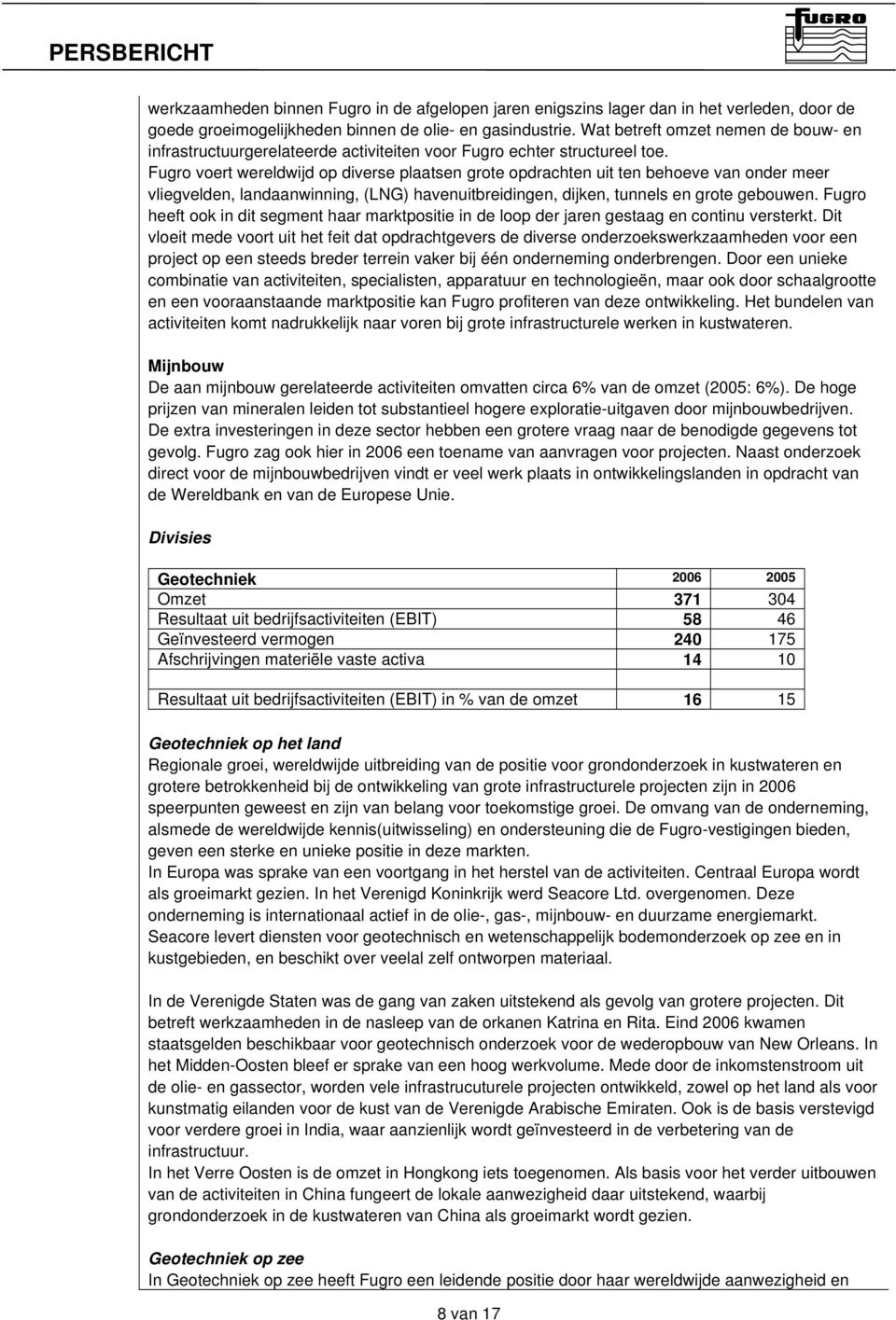 Fugro voert wereldwijd op diverse plaatsen grote opdrachten uit ten behoeve van onder meer vliegvelden, landaanwinning, (LNG) havenuitbreidingen, dijken, tunnels en grote gebouwen.