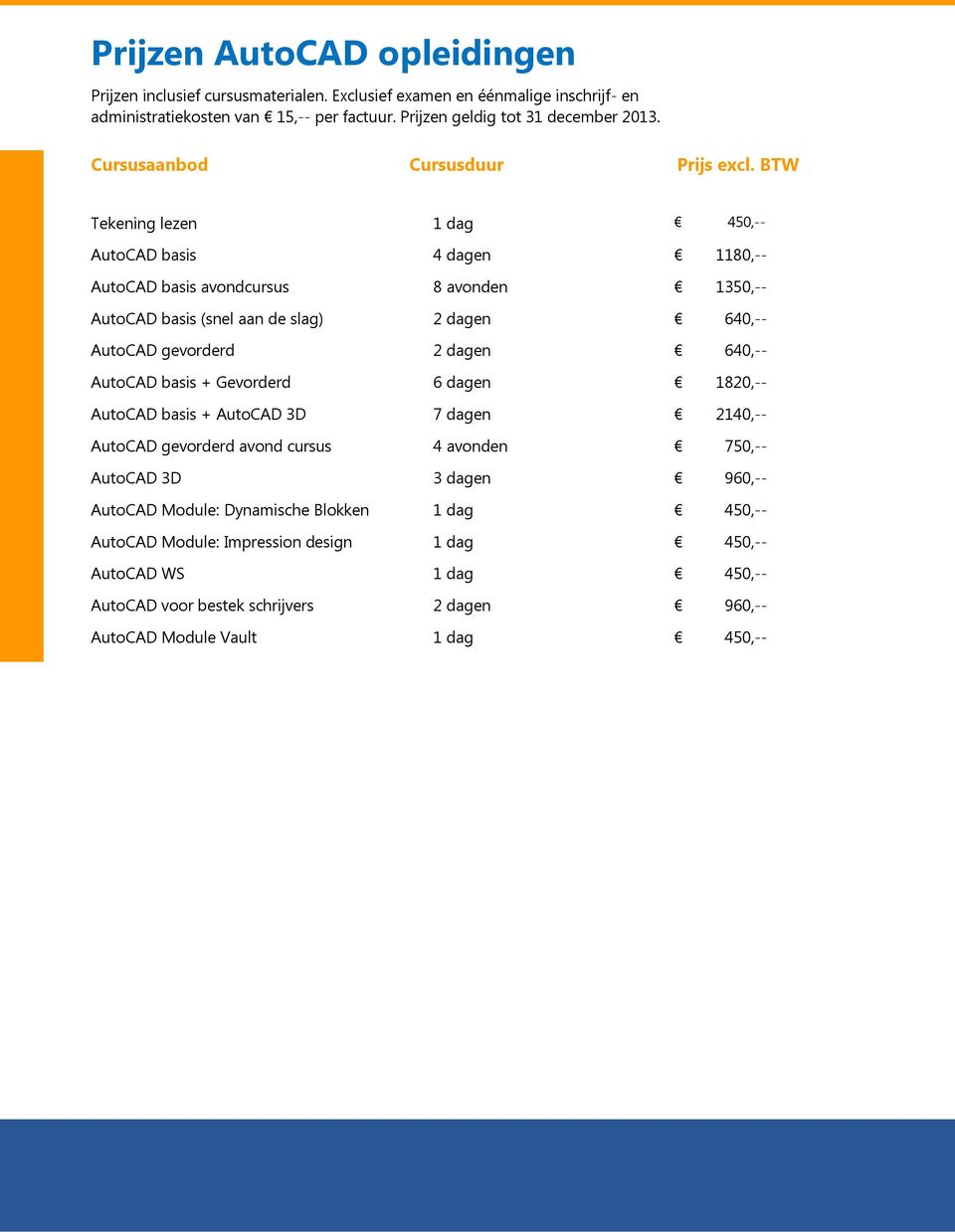 BTW Tekening lezen 1 dag 450,-- AutCAD basis 4 dagen 1180,-- AutCAD basis avndcursus 8 avnden 1350,-- AutCAD basis (snel aan de slag) 2 dagen 640,-- AutCAD gevrderd 2 dagen 640,--