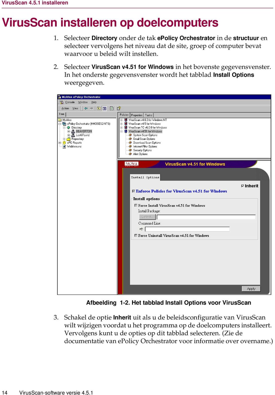 Selecteer VirusScan v4.51 for Windows in het bovenste gegevensvenster. In het onderste gegevensvenster wordt het tabblad Install Options weergegeven. Afbeelding 1-2.