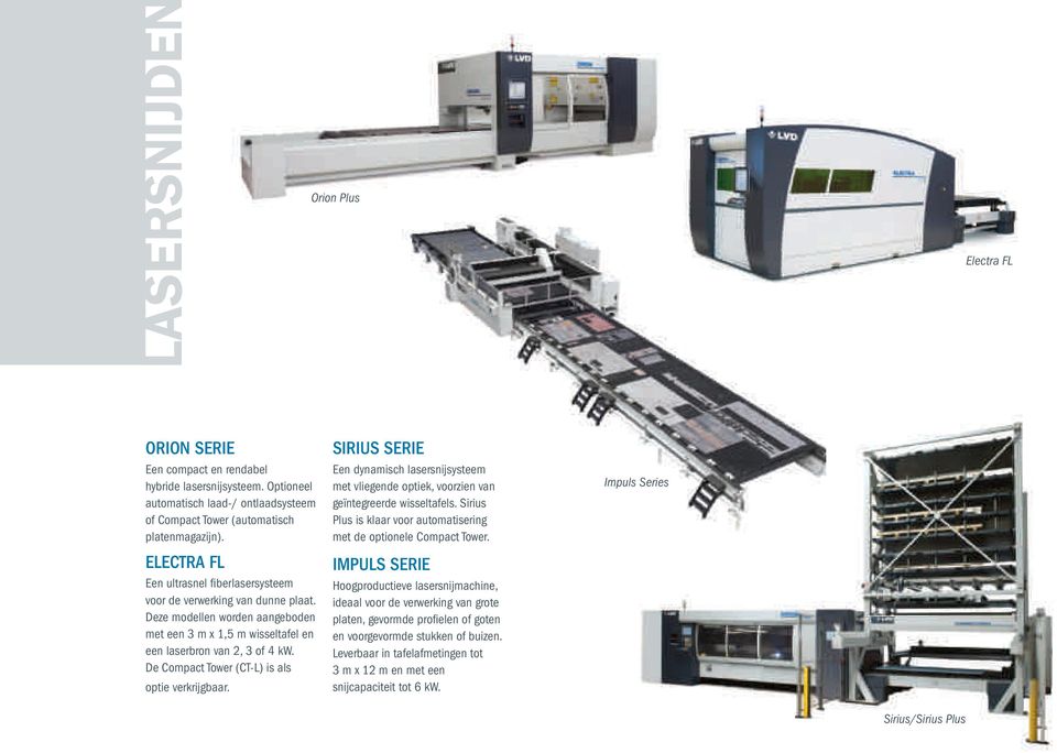 De Compact Tower (CT-L) is als optie verkrijgbaar. SIRIUS SERIE Een dynamisch lasersnijsysteem met vliegende optiek, voorzien van geïntegreerde wisseltafels.
