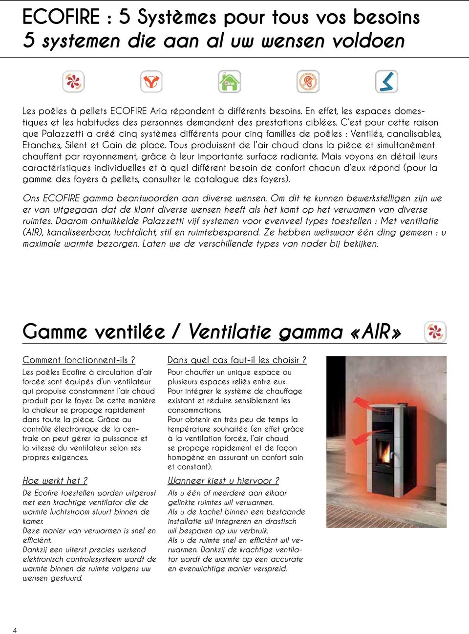 C est pour cette raison que Palazzetti a créé cinq systèmes différents pour cinq familles de poêles : Ventilés, canalisables, Etanches, Silent et Gain de place.