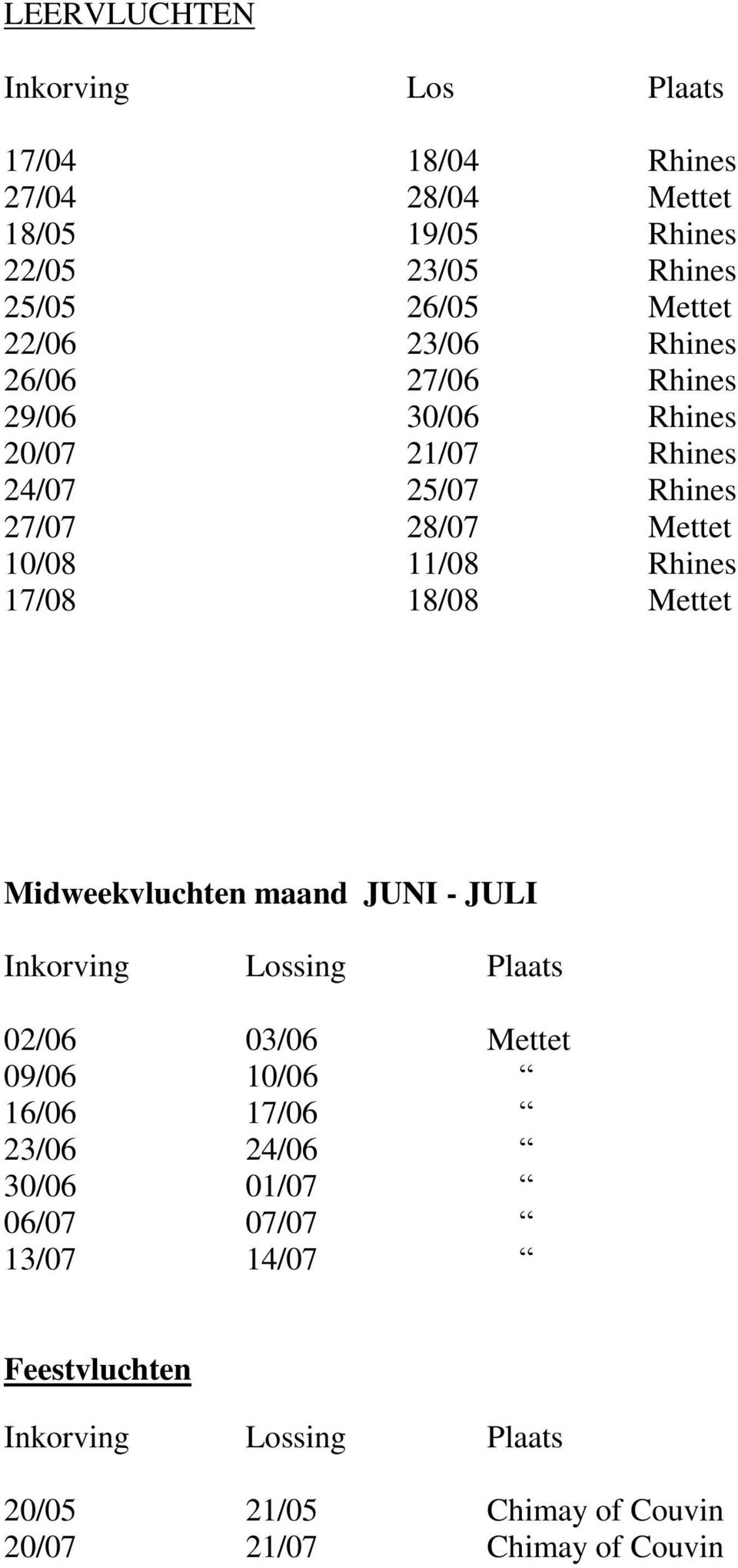 Mettet 10/08 11/08 Rhines 17/08 18/08 Mettet Midweekvluchten maand JUNI - JULI 02/06 03/06 Mettet 09/06 10/06 16/06