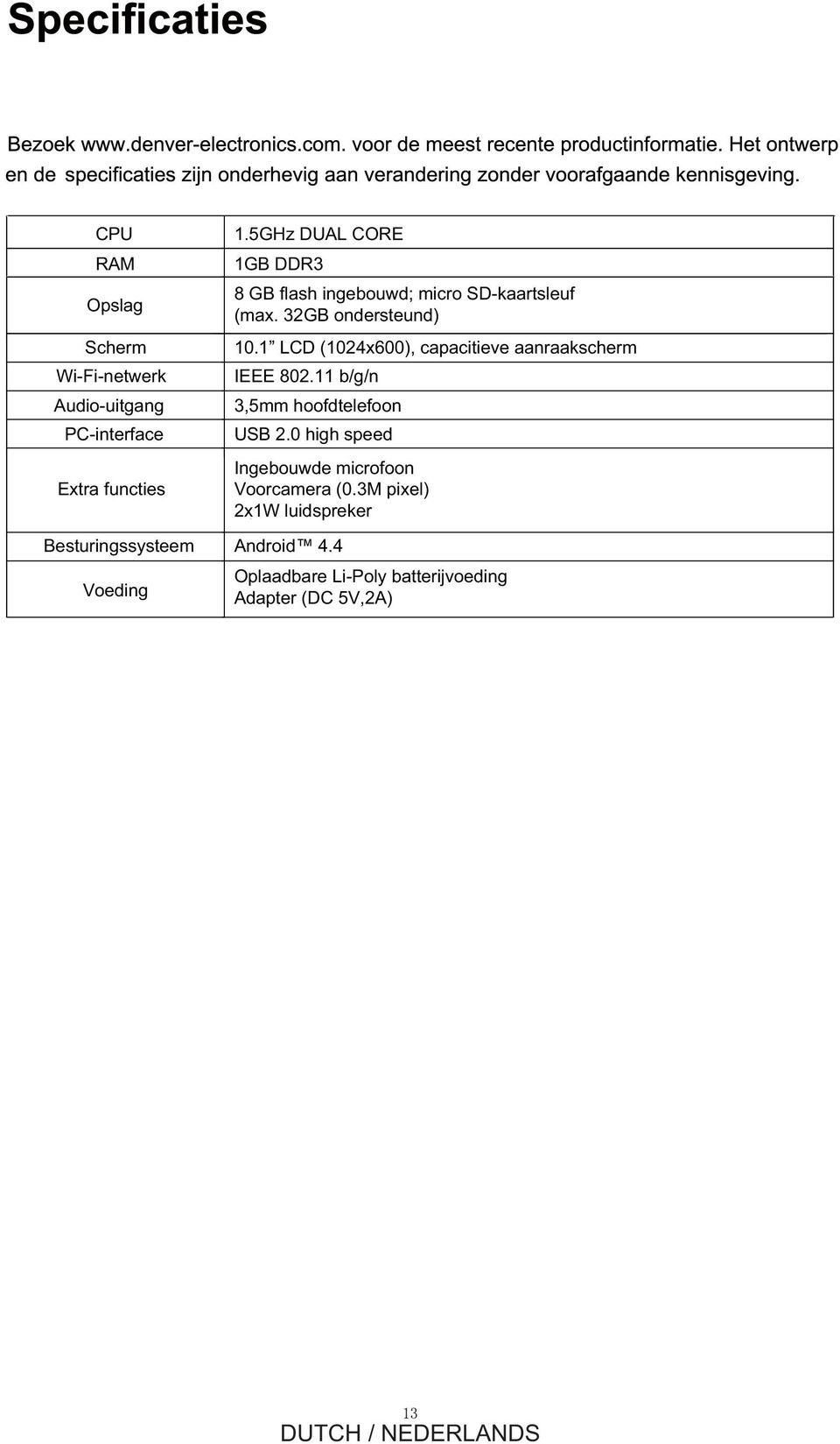 1 LCD (1024x600), capacitieve aanraakscherm IEEE 802.11 b/g/n 3,5mm hoofdtelefoon USB 2.