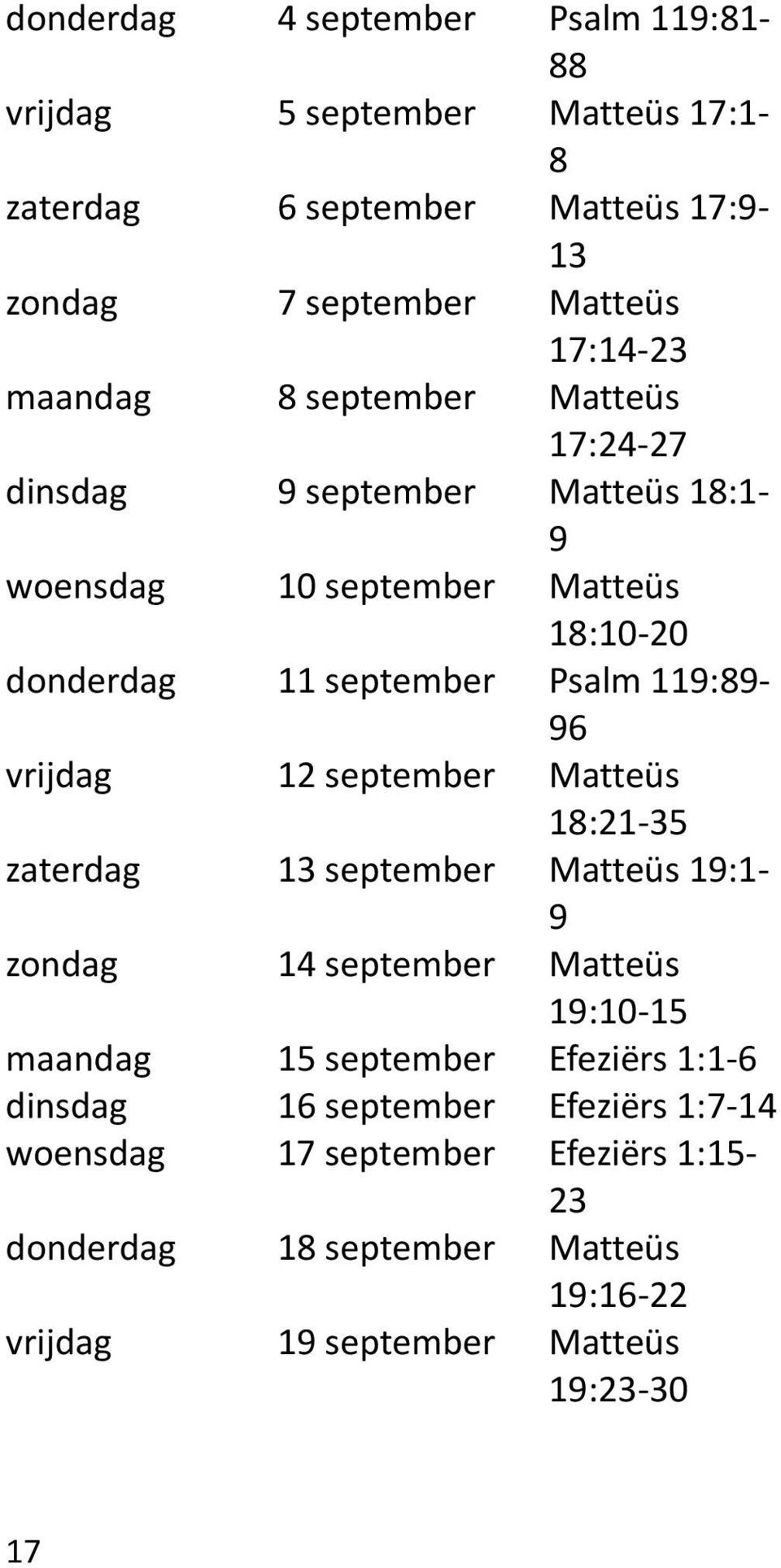 vrijdag 12 september Matteüs 18:21-35 zaterdag 13 september Matteüs 19:1-9 zondag 14 september Matteüs 19:10-15 maandag 15 september Efeziërs 1:1-6