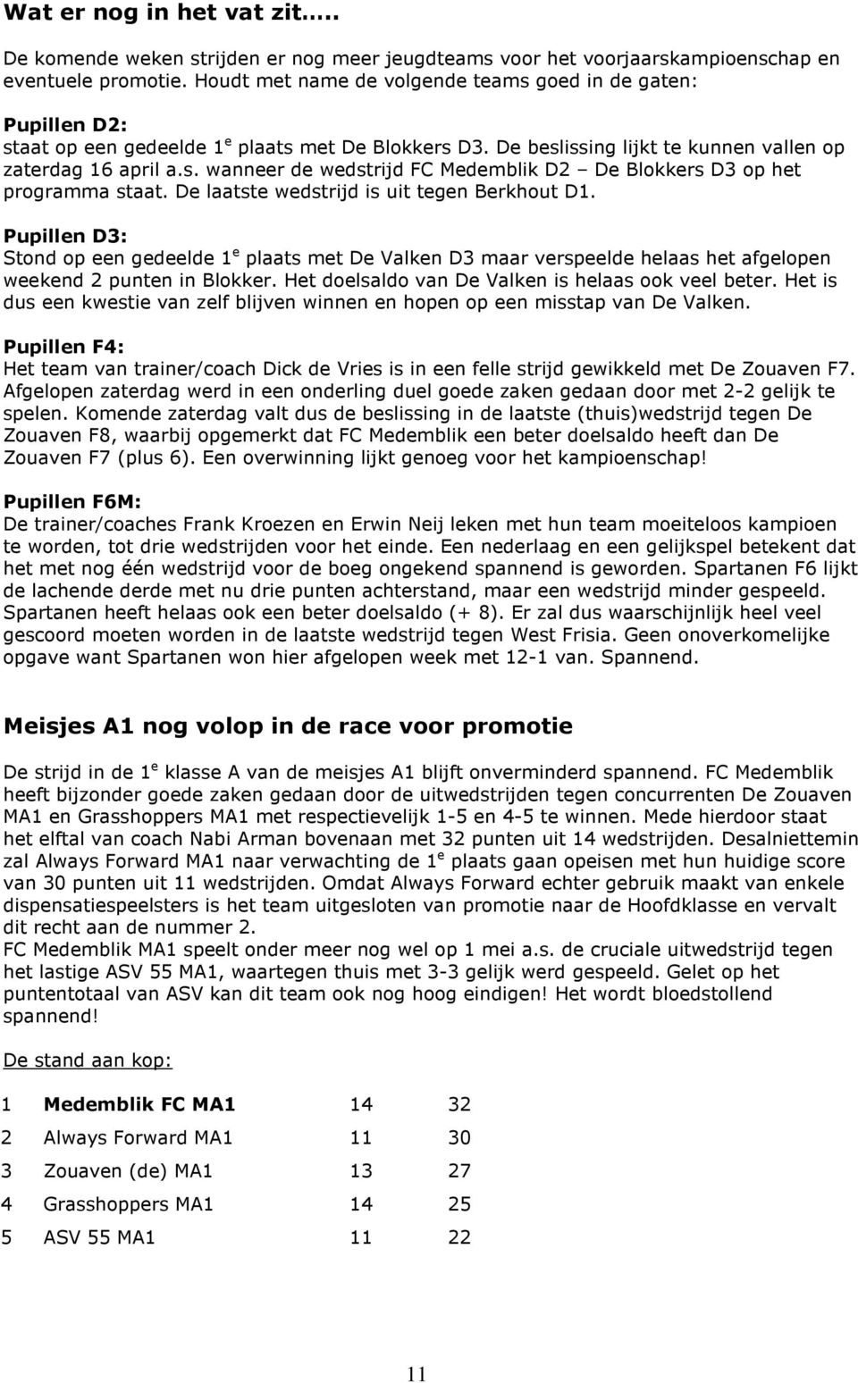 De laatste wedstrijd is uit tegen Berkhout D1. Pupillen D3: Stond op een gedeelde 1 e plaats met De Valken D3 maar verspeelde helaas het afgelopen weekend 2 punten in Blokker.