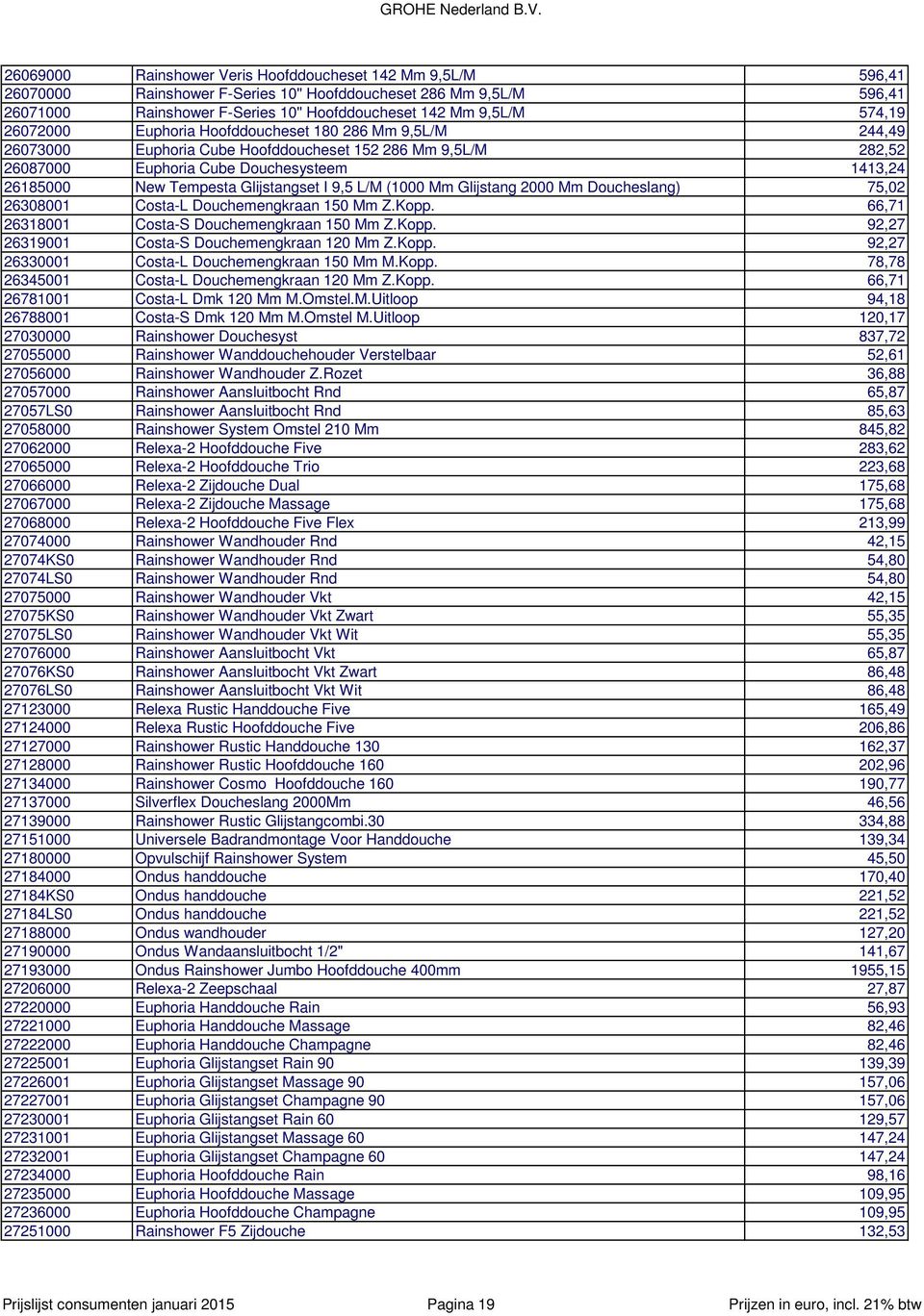 Glijstangset I 9,5 L/M (1000 Mm Glijstang 2000 Mm Doucheslang) 75,02 26308001 Costa-L Douchemengkraan 150 Mm Z.Kopp. 66,71 26318001 Costa-S Douchemengkraan 150 Mm Z.Kopp. 92,27 26319001 Costa-S Douchemengkraan 120 Mm Z.