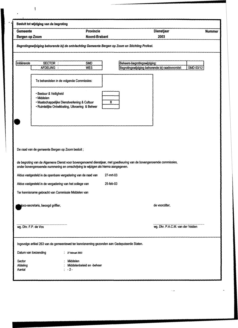 SECTOR : AFDELING : SMD WES Beheers-begrotingswijziging: Begrotingswijziging behorende bij raadsvoorstel: SMD 3/12 Te behandelen in de volgende Commissies: Bestuur & Veiligheid Middelen