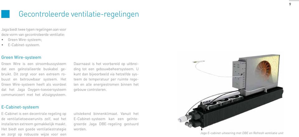 Het Green Wire-systeem heeft als voordeel dat het Jaga Oxygen-toevoersysteem communiceert met het afzuigsysteem. Daarnaast is het voorbereid op uitbreiding tot een gebouwbeheersysteem.