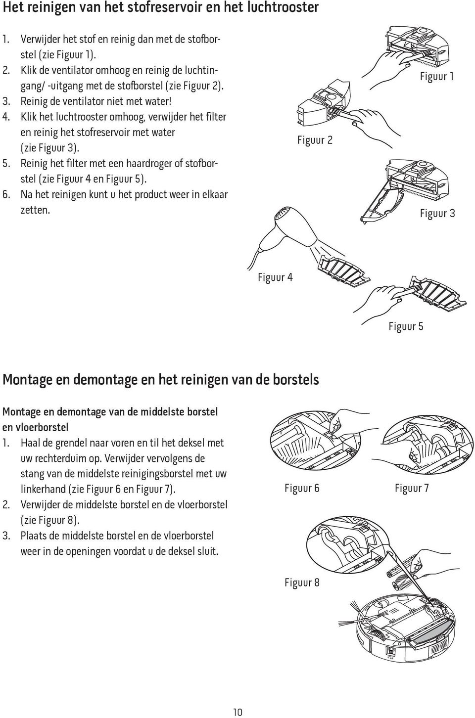 Klik het luchtrooster omhoog, verwijder het filter en reinig het stofreservoir met water (zie Figuur 3). 5. Reinig het filter met een haardroger of stofborstel (zie Figuur 4 en Figuur 5). 6.