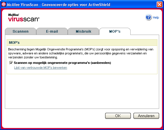 ActiveShield gebruiken Als u ActiveShield configureert met de standaardoptie Scannen op mogelijk ongewenste programma's (aanbevolen) in het dialoogvenster Geavanceerde opties, worden spyware, adware