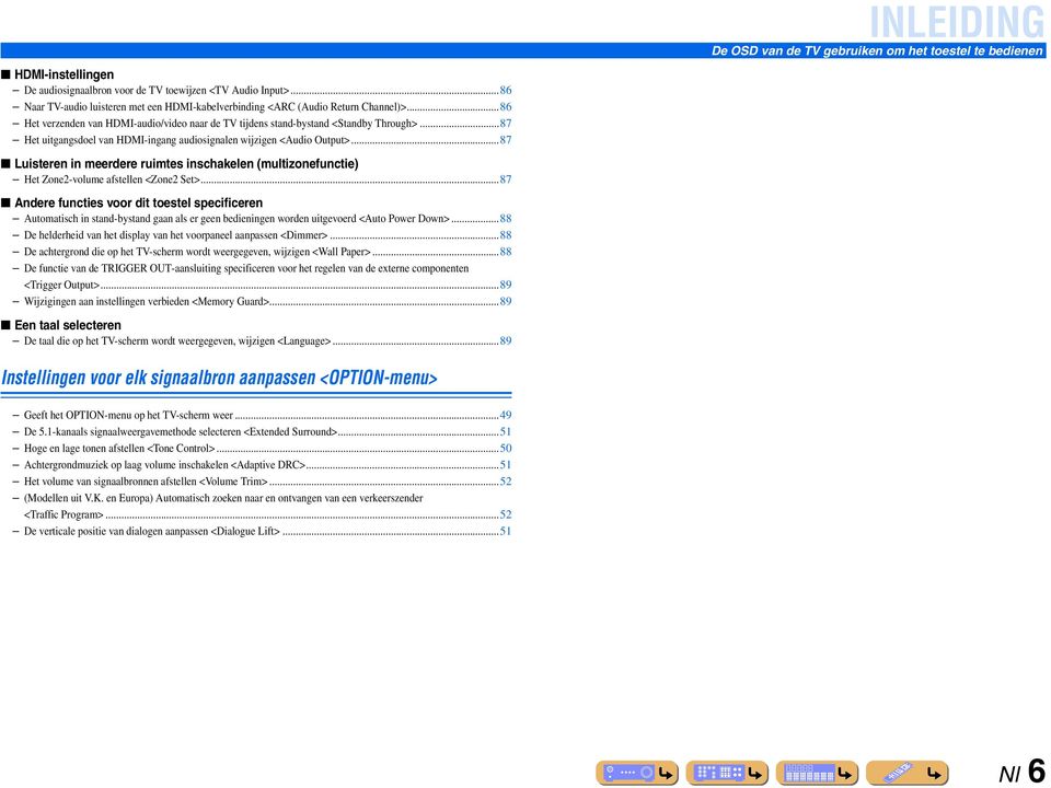 ..87 Het uitgangsdoel van -ingang audiosignalen wijzigen <Audio Output>...87 Luisteren in meerdere ruimtes inschakelen (multizonefunctie) Het Zone2-volume afstellen <Zone2 Set>.