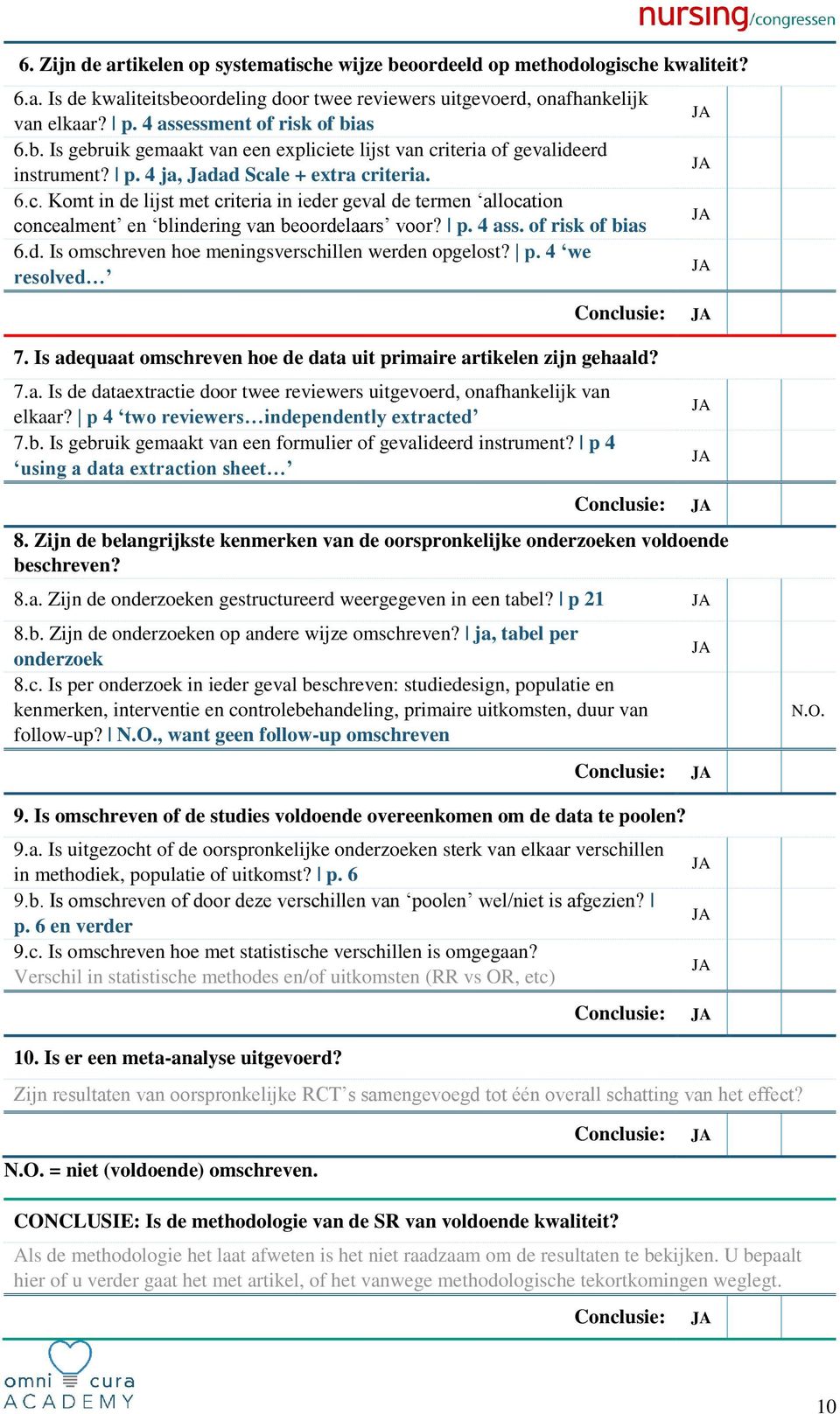 p. 4 ass. of risk of bias 6.d. Is omschreven hoe meningsverschillen werden opgelost? p. 4 we resolved 7. Is adequaat omschreven hoe de data uit primaire artikelen zijn gehaald? 7.a. Is de dataextractie door twee reviewers uitgevoerd, onafhankelijk van elkaar?