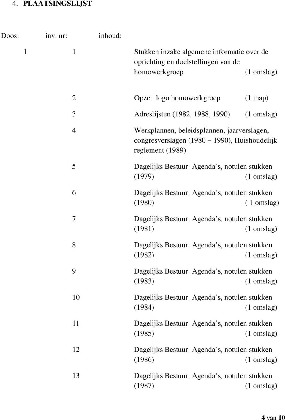 beleidsplannen, jaarverslagen, congresverslagen (1980 1990), Huishoudelijk reglement (1989) 5 Dagelijks Bestuur. Agenda s, notulen stukken (1979) 6 Dagelijks Bestuur.