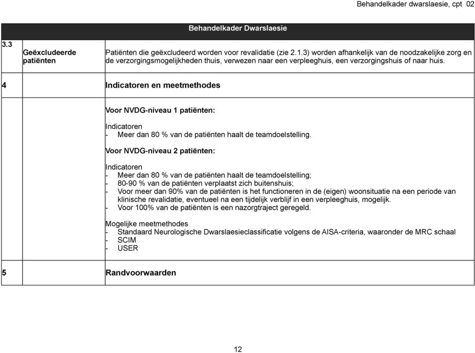 4 Indicatoren en meetmethodes Voor NVDG-niveau 1 patiënten: Indicatoren - Meer dan 80 % van de patiënten haalt de teamdoelstelling.