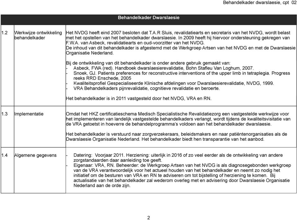van Asbeck, revalidatiearts en oud-voorzitter van het NVDG. De inhoud van dit behandelkader is afgestemd met de Werkgroep Artsen van het NVDG en met de Dwarslaesie Organisatie Nederland.