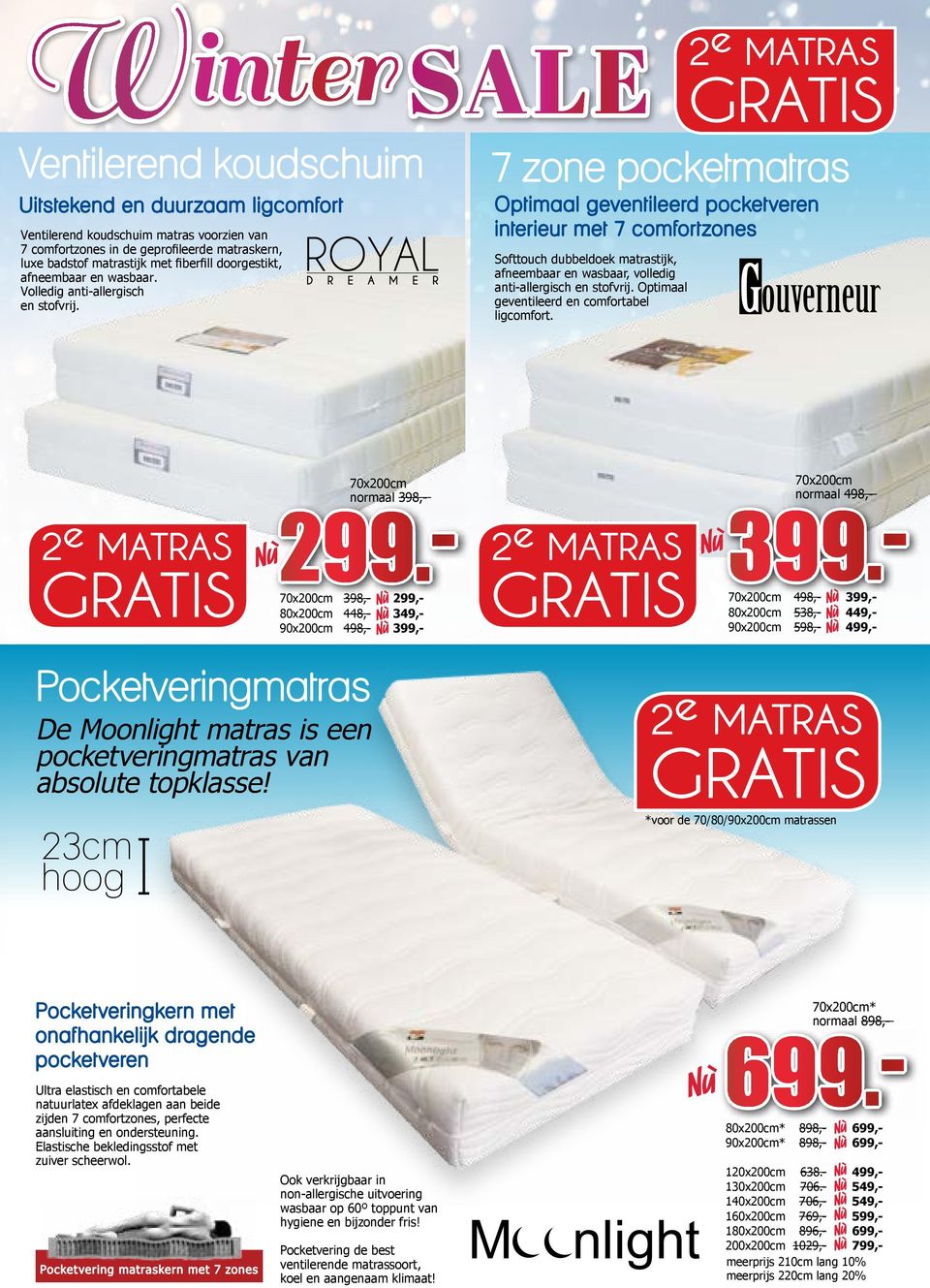 ROYAL D R E A M E R 7 zone pocketmatras Optimaal geventileerd pocketveren interieur met 7 comfortzones Softtouch dubbeldoek matrastijk, afneembaar en wasbaar, volledig anti-allergisch en stofvrij.