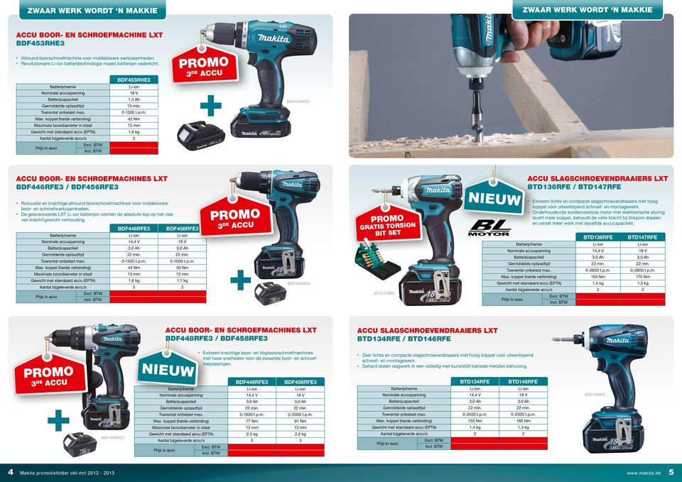 koppel (harde verbinding) 42 Nm Maximale boordiameter in staal 13 mm 1,6 kg Aantal bijgeleverde accu s 3 3 de accu BDF453RHE3 ACCU BOOR- EN SCHROEFMACHINES LXT BDF446RFE3 / BDF456RFE3 Robuuste en