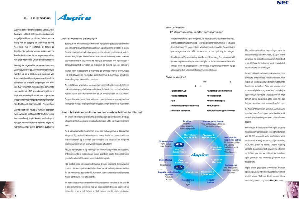 In deze brochure wordt Aspíre voorgesteld, het nieuwste communicatiesysteem van NEC. integreren en toegang te krijgen tot de vele voordelen van IP telefonie.