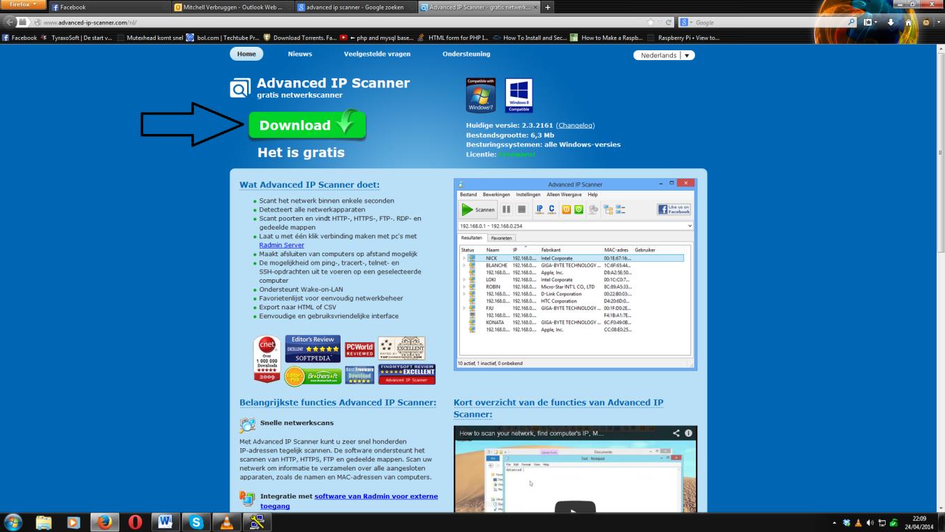 3. Installeren van Advanced IP scanner We gaan het downloaden vanop deze pagina: